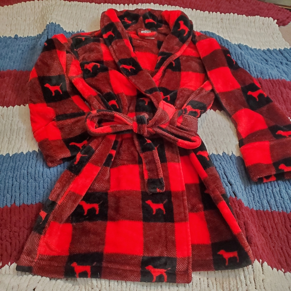 Victoria's Secret VS PINK Fluffy Plush Dog Logo Buffalo Plaid Christmas Robe XS